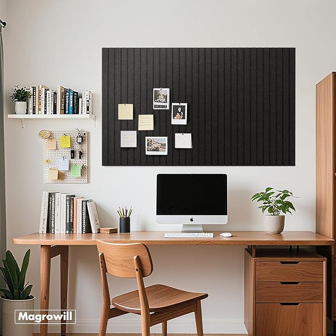 Cork Board Tiles for Wall with Push Pins, Removable 36" x 24" Slat Bulletin Board Sets, Adhesive Pin Board | Magrowill 6 Packs Felt Panels for Office Home Classroom Dorm Interior Wall Decor, Black