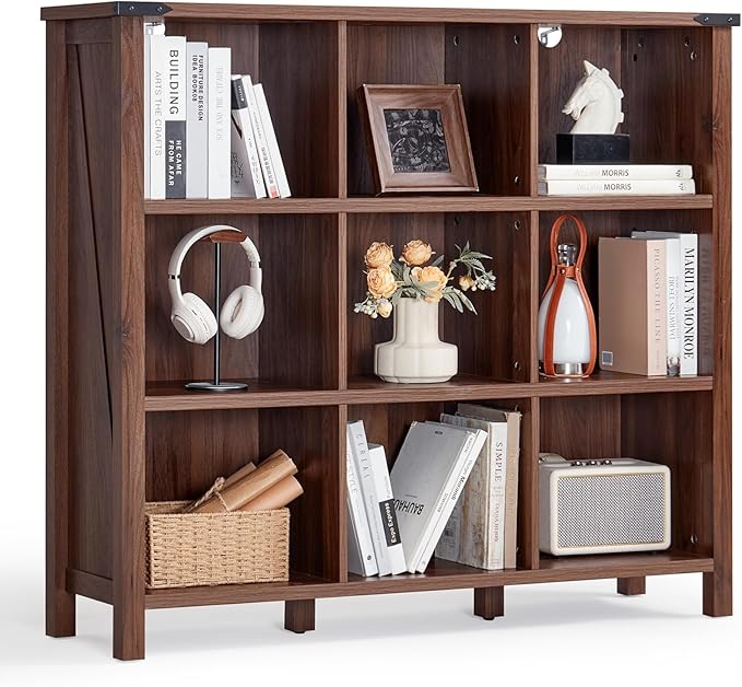 Joaxswe 9 Cube Bookcase, Farmhouse 47 Inch Wide Brown Walnut Bookshelf, Wooden 3 Tier Display Large Open Book Shelf, Vintage Horizontal Book Case for Home Office, Cubby Storage Cabinet for Living Room