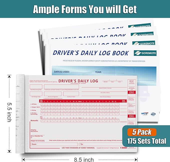 Daily Log Books for Truck Drivers with 7 & 8 Day Recap, 5 Pack, 2-Ply Carbonless, 35 Sets of Forms per Book, 8.5" x 5.5", Paper Driver Log Books for Truckers, Meet Requirements