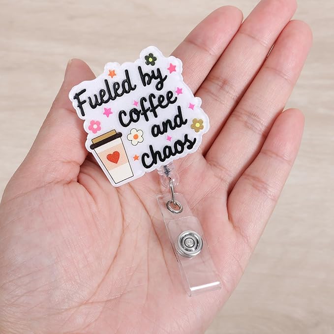 Fueled by Coffee and Chaos Funny Badge Reel | Retractable ID Card Badge Holder | Coffee Lover Badge Buddy | Office Gifts for RN CNA MA LPN ER Nurse Doctor Teachers Coworkers | Acrylic｜Alligator Clip