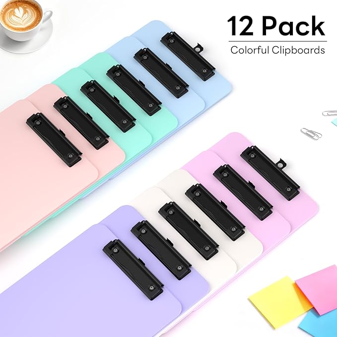 Zoenley A4 Plastic Clipboard Set of 12, Light Colorful 12.5 x 9 Letter Size for Classroom, Students, Teacher, Nurse, 8.5 x 11 Clip Board with Low Profile Black Clip, Office & School Supplies