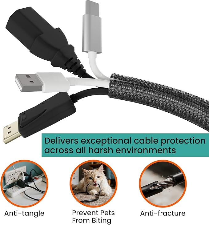 Cable Management Sleeve 25ft (300 inch) - 1/2 inch, PET Expandable Braided Cord Organizer, Split Wire Loom Tubing Reversible Cord Protector for TV USB PC Ethernet Cable Hider Protect Pets Kids