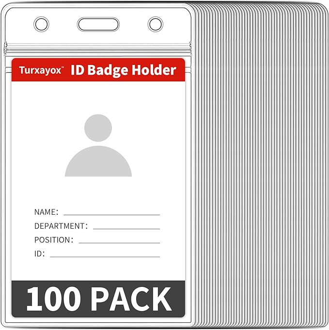 Turxayox 100 Pcs Clear ID Badge Holder, Vertical Plastic Name Tag Protector, Key Card Cover Sleeve, Work I'd Badge Badge Holders with Waterproof Resealable Zipper for Nurse Lanyard