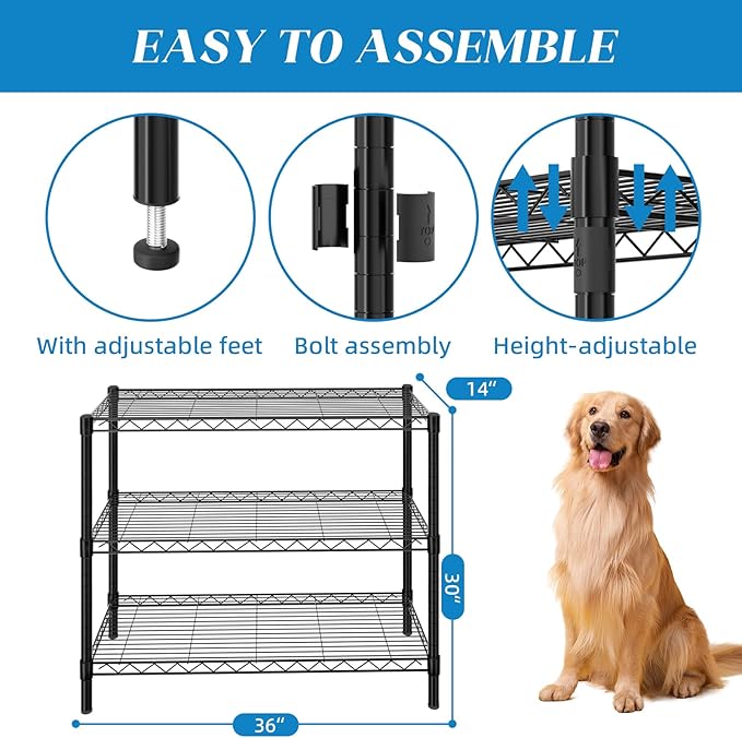 Guan River 3-Shelf Adjustable Metal Shelf Wire Shelving Unit Storage Rack Display Shelf for Office,Kitchen,Bedroom,Bathroom,Laundry,Pantry Basement,Garage(Black,36" L x 14" W x 30" H)