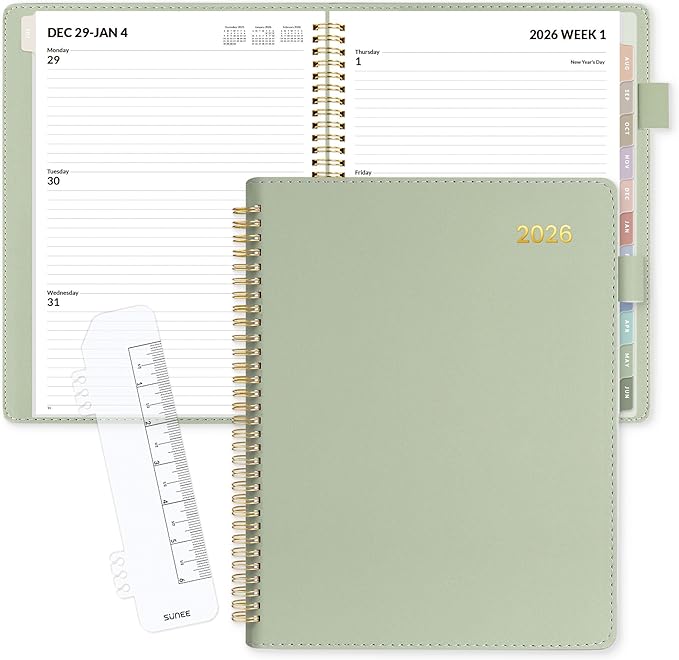 SUNEE 2026 Planner, Weekly and Monthly Calendar Planner 9"x11.2"- 12 Month (January 2026 - December 2026), Vegan Leather Cover, Pocket, Bookmark, Notes, Monthly Tab, Sage Green