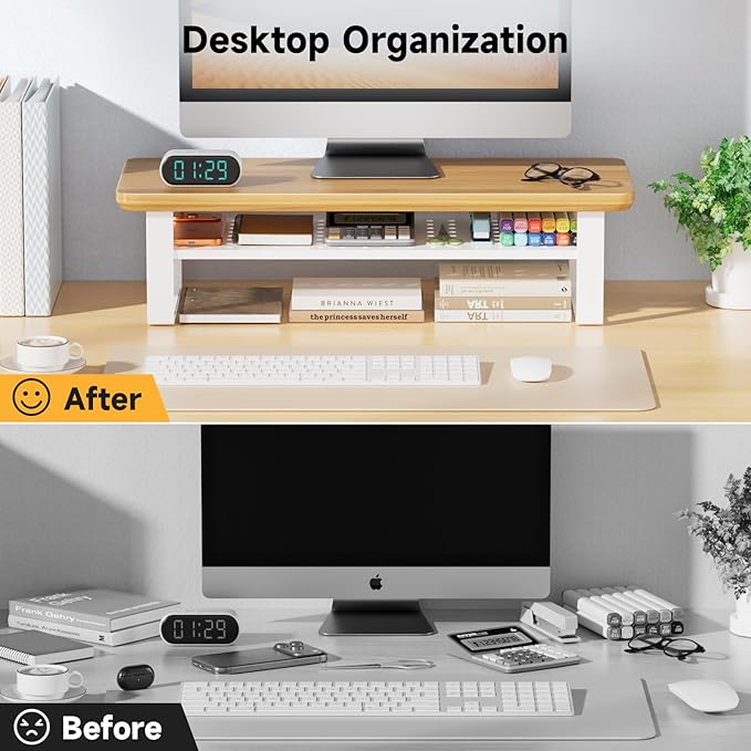 NestNeat Monitor Stand Riser, 24 Inch Computer Monitor Stand for Desk, 2-Tier Wood Desk Shelf Organizer with Storage, Desktop Stand for Laptop/Screen/PC/Printer, Ergonomic Home Office Monitor Stand