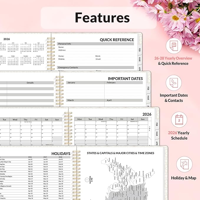 SUNEE 2026 Planner, Weekly and Monthly Calendar Planner, January 2026-December 2026, Daily Agenda with Tabs, Note Pages, Spiral Binding, 8.5"x11", Colorful Flowers