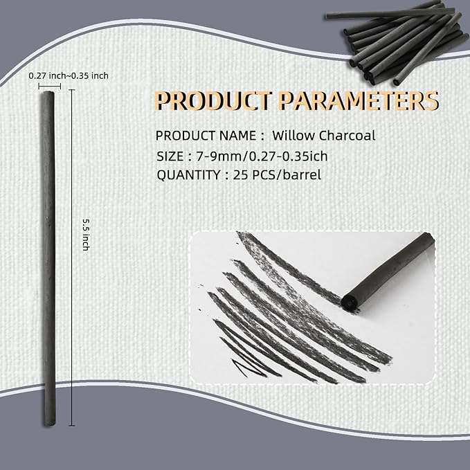 Trzzyan 25 PCS Willow Charcoal Sticks, Ideal for Artists, Beginners, Students, Perfect for Sketching, Drawing, Shading, and Fine Art, 5.7 Inches Long, 2-4,4-5,5-7,7-9 (7-9)