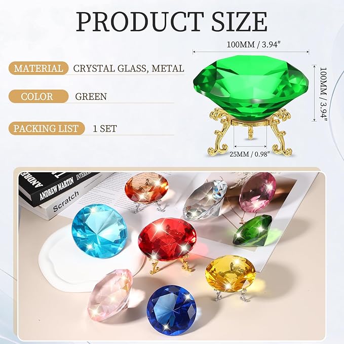 PATIKIL Diamond Crystal Paperweight, 100mm / 3.94" Crystal Paperweight Paper Weight with Gold 25 Metal Base for Home Office Desktop Table Decor Wedding Party Ornaments, Green