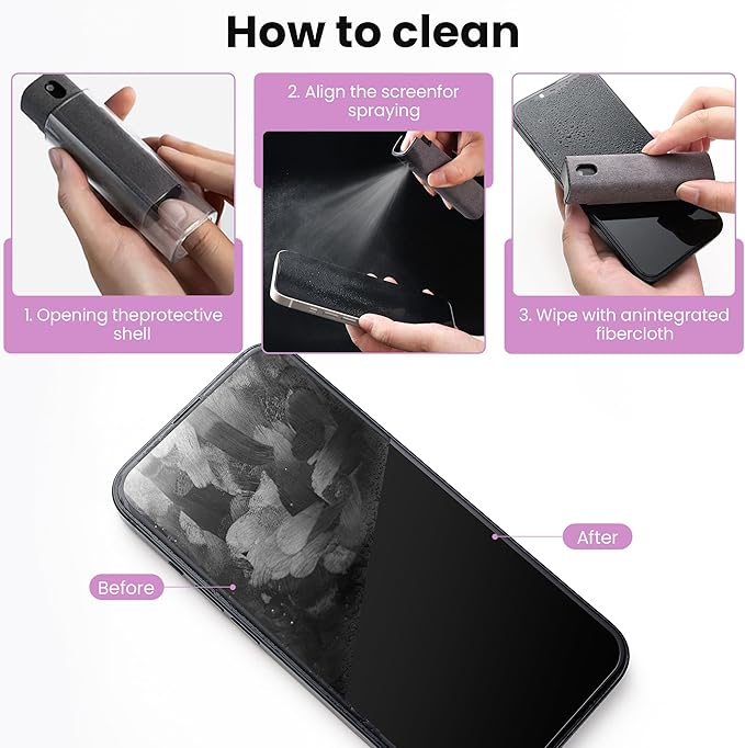 ZERNBER Screen Cleaner, Touch Screen Mist Cleaner, Cell Phone, Laptop and Tablet Screen, 3-in-1 Spray and Microfiber Cloth, Refillable with Water, Alcohol, Sanitizer (Pink -0.35oz)