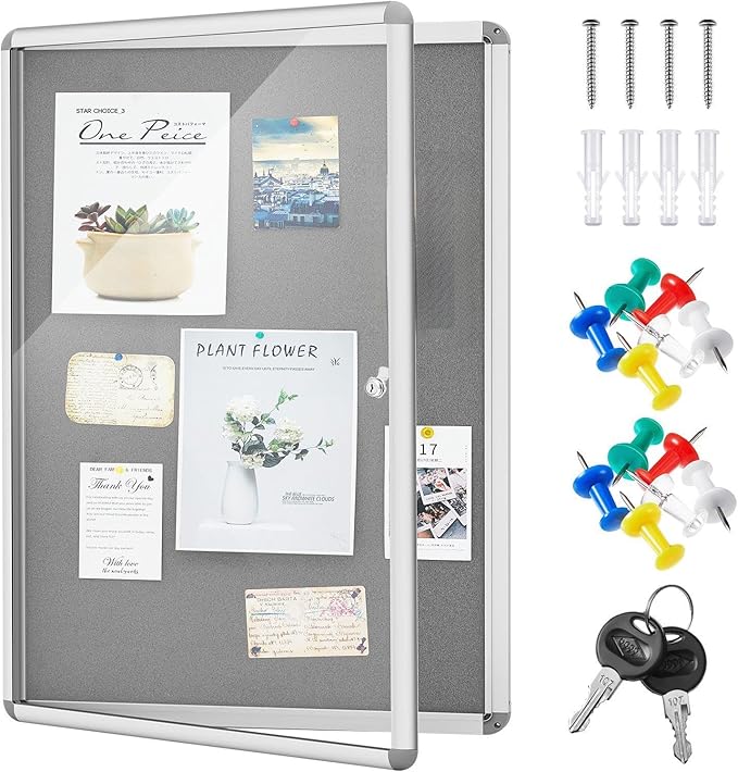Geetery 24 x 18 Inch Enclosed Fabric Bulletin Board Tamperproof Lockable Noticeboard Fabric&Aluminium Frame Display Cases Wall-Mounted Display for School, Office Secure, Durable