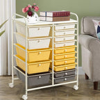 HAPPYGRILL 15-Drawer Rolling Cart, Storage Carts with Removable Drawers & Steel Frame, Utility Cart on Lockable Wheels for Home, School, Office, Yellow
