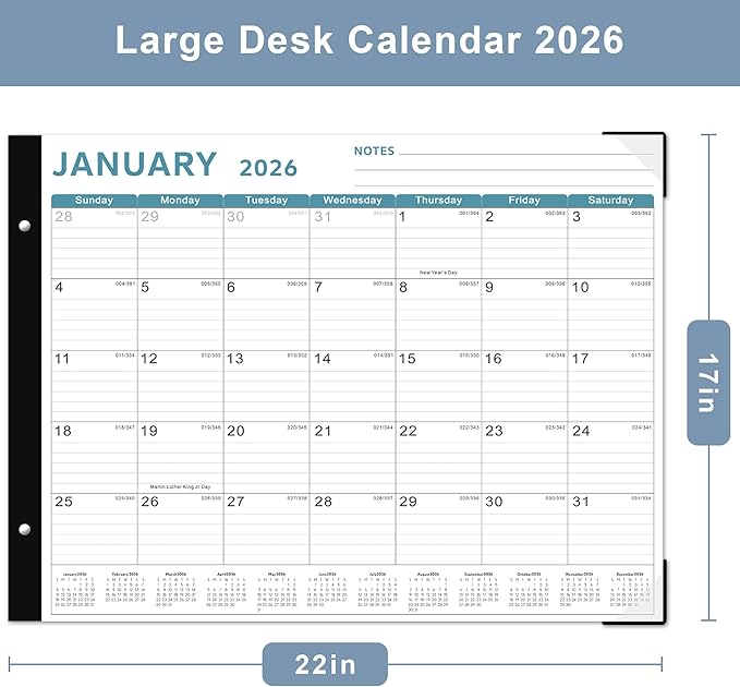 Desk Calendar 2026, KOPEESY 22" x 17" Large Desk Calendar, From January 2026 to June 2027, Desktop Calendar with Notes and Thick Paper for Home, Office and School (Blue)