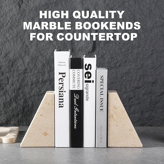 Karibiber Marble Bookends for Heavy Books, Decorative Book Ends for Shelves, Beige Stone Durable and Heavy-Duty Book Ends for Hardback Books & CDS, Unique Book Stopper & Holder, Set of 2