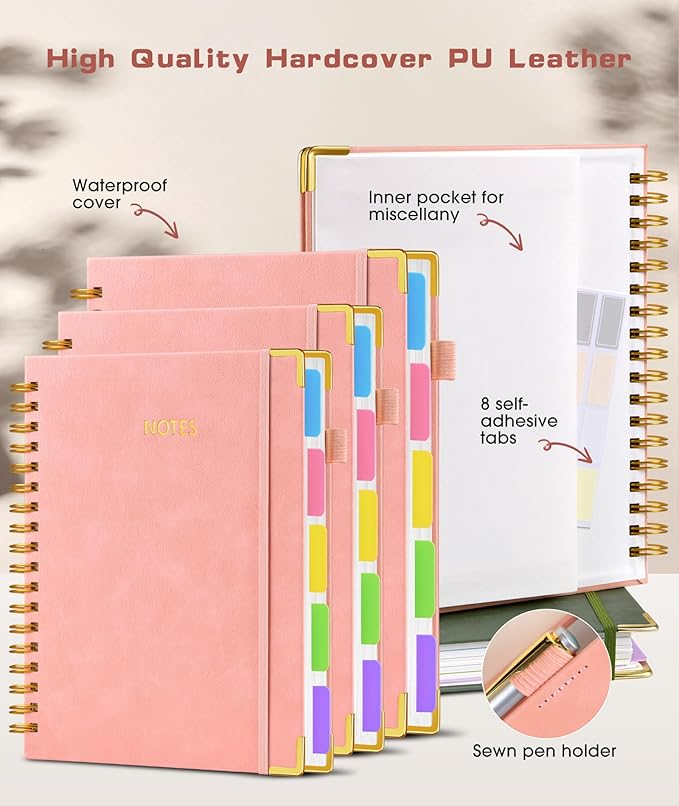 Hardcover Spiral Notebook 8.5"x11" Journal with Removable Dividers Tabs, 300 Pages Leather 5 Subject Notebook College Ruled, Large A4 Notebooks for Work School, Lined Journal for Women, A4 Pink