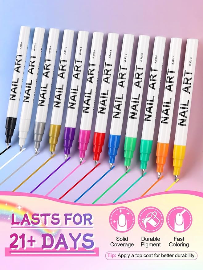 EBANKU 12 Color Nail Art Pens Set, 0.5 MM 3D Nail Polish Pens Acrylic Paint Pens Nail Markers for Nail Art Drawing Painting Nail Point Dotting Pen Nail Design Kit Home Nail Salon DIY
