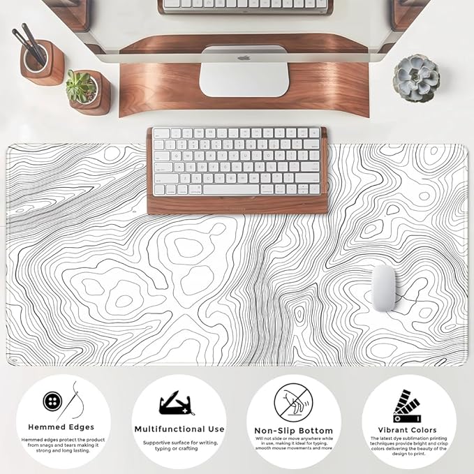 Mechanical Cattle Desk Mat Large Gaming White Mouse Pad Minimalist Topographic Map Desk Mat Extended XL Mousepad 31.5x15.7 in Anti-Slip Desk Pad Keyboard Mousepad Stitched Edges Large Mouse Pad Grey