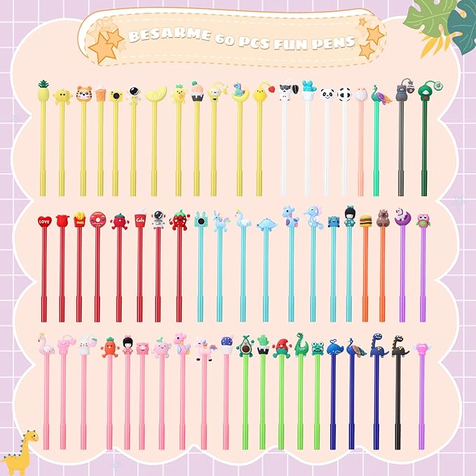 BESARME 60 PCS Cartoon Fun Pens for Adults, Cute Pens Bulk Gel Pen Prizes Classroom Rewards School Office Home Birthday Valentine's Day Classroom Gift Exchange Party Favors Goodie Bag Stuffers