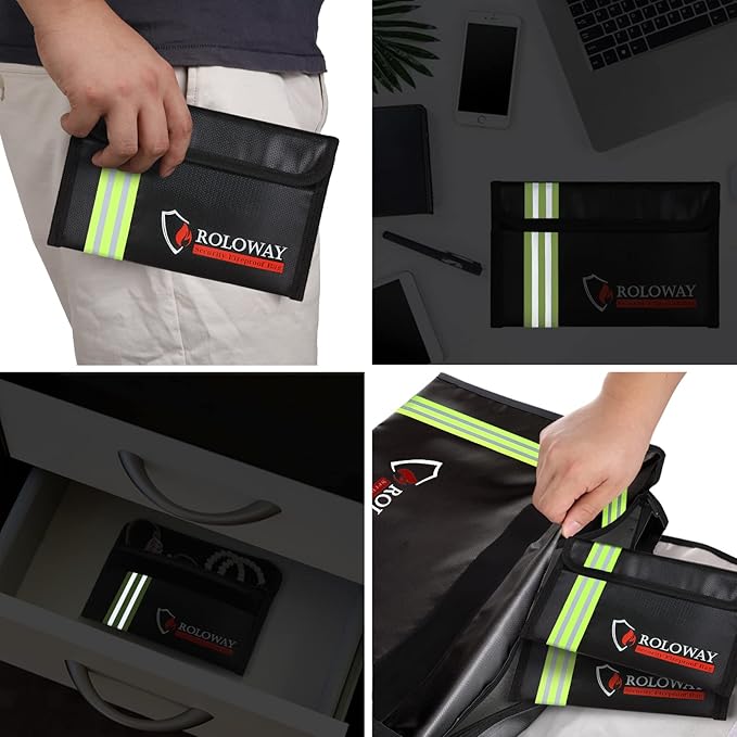 ROLOWAY Small Fireproof Bag (5 x 8 inches) with Reflective Strip, Non-Itchy Fireproof Money Bag, Fireproof Wallet Bag, Cash Fireproof Bag Set for Valuables - Passport, Currency & Keys (2-Pack Black)