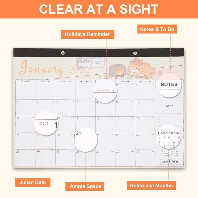 EaseForm 24 Month Desk Calendar 2026-2027, Runs from January 2026 to December 2027, Large 17"x12" Desktop/Wall Monthly Calendar, 2 Year Academic Calendar with Note & To Do for Home, School or office
