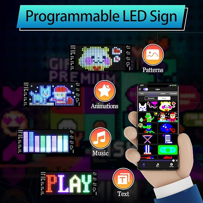 XIAOOHO LED Light Signs for Car,Programmable Bluetooth APP Control,DIY Editor Text, Patterns, Animations for Car Game Room Party Bar (3"x 7")