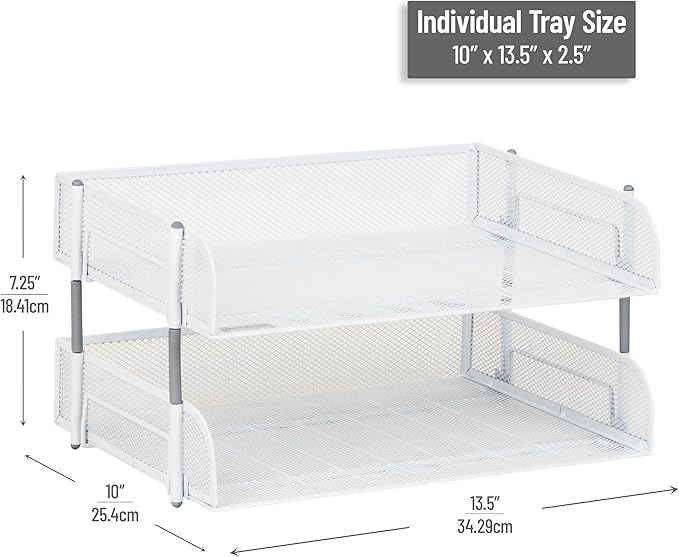 Mind Reader Stackable Paper Tray, Desktop Organizer, File Storage, Office, Metal Mesh, 13.5" L x 10" W x 7.25" H, 2 Pcs., White