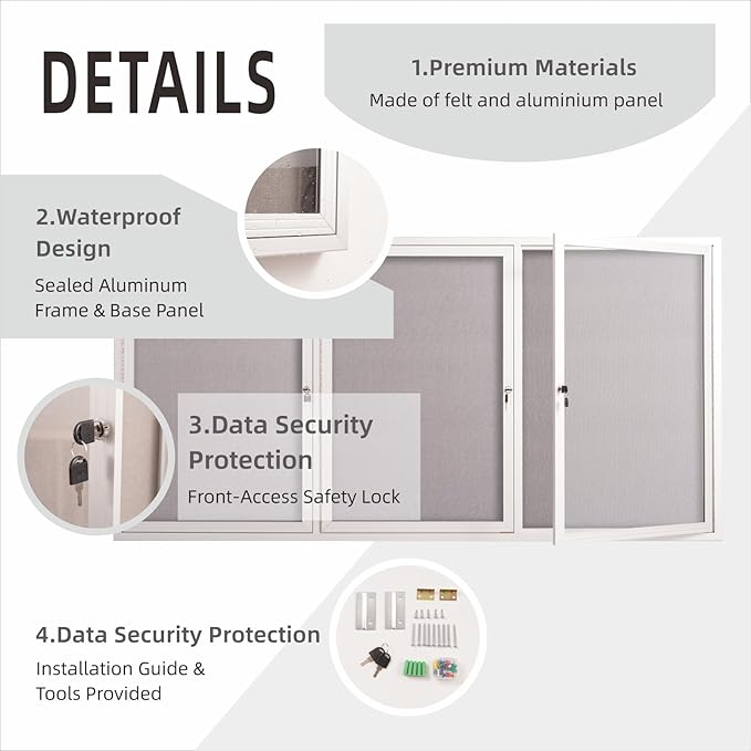 71x36 Inch Lockable Enclosed Bulletin Board, Weather-Resistant Outdoor Noticeboard with 2 Locking Doors, Wall-Mounted Silver Aluminum Frame & Grey Felt Presentation Board