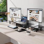WEGASTU 43.7" Extra Long Dual Monitor Stand Riser, Wood & Steel Monitor Stand for 2 Monitors, Wide TV Stand, Desktop Riser for Desk Organization, Home Office，Laptop,Printer,TV (Black)