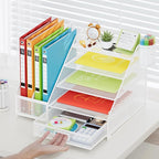 Marbrasse Desk Organizer with File Holder, 5-Tier Paper Letter Tray Organizer with Drawer and 2 Pen Holder,Mesh Desk Organizers and Accessories,Desktop Organizer and Storage for Office Supplies(White)