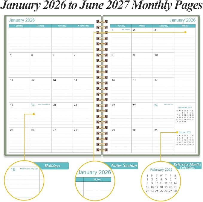 2026-2027 Planner - 18 Months Weekly & Monthly Planner from January 2026 - June 2027, Spiral Planners 2026-2027 with Elastic Closure, Inner Pocket, Medium 5.8" x 8.3", Green