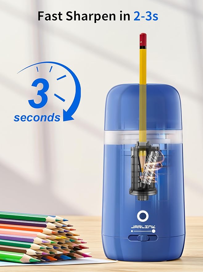 JARLINK Automatic Electric Pencil Sharpener - Hands-Free Operation, 3 Sharpness Modes, 3-Second Sharpening, Rechargeable & Portable for 7-12mm Pencils, Ideal for Classroom and Home Use (Blue)