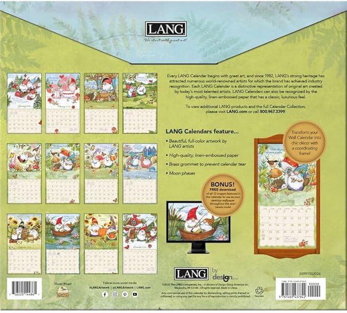Lang Gnome Sweet Gnome 2026 Wall Calendar – 12-Month Calendar with Stapled Binding, Whimsical Gnome Artwork by Susan Winget, Linen-Embossed Paper, 13.4″ × 12″