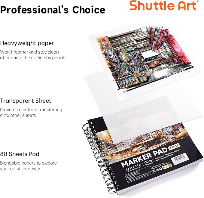 Shuttle Art Marker Pad, 8.3”x8.9” Portable Square Sketchbook, 80 Sheets Marker Drawing Paper, 110LB/180GSM Bleedproof Art Paper, Spiral-Bound, Great for Professional Artist to Draw, Paint & Sketch