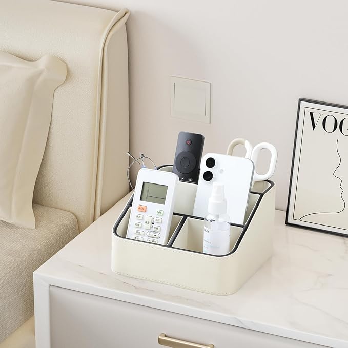 MEIBOOCH Remote Control Holder, PU Leather Small Desk Organizer with 4 Compartments, Nightstand Organizer Desk Caddy for Remote, Notepad, Phone, Glasses, and Accessories (Cream)