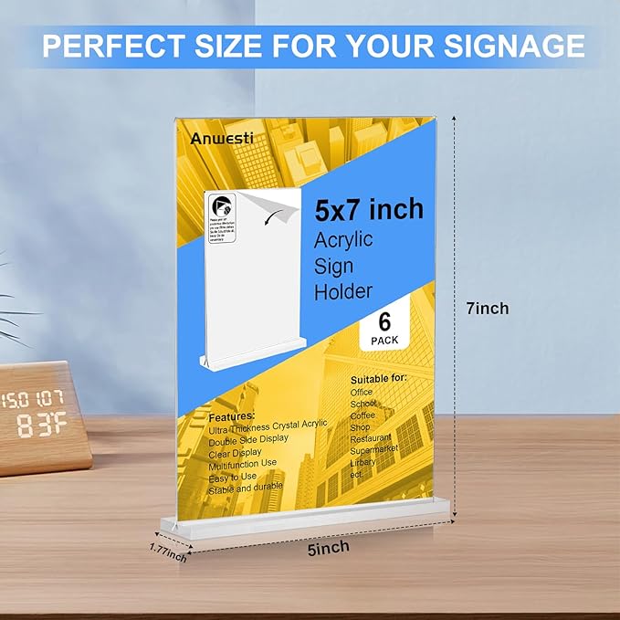 Anwesti 6 Pack Acrylic Sign Holder 5x7 Inches, Clear Small Acrylic Document Holder Frames, Plastic Table Brochure Sign Holder for Office, Events, School, Shop, Trade suppliers