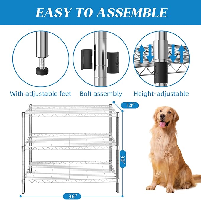 Guan River 3-Shelf Adjustable Metal Shelf Wire Shelving Storage Rack for Office,Kitchen,Bedroom,Bathroom,Laundry,Pantry Basement,Garage(Chrome,36" L x 14" W x 30" H)