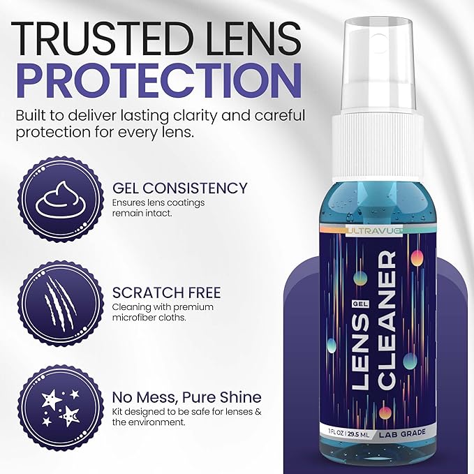 ULTRAVUE Eyeglass Gel Lens Cleaner Spray Kit - 3 x 1oz Gel Eyeglasses Cleaner Spray Bottle + 2 Microfiber Cloth for Cleaning - Safe for All Lenses (AR Coated Included), Eyeglasses and Screens