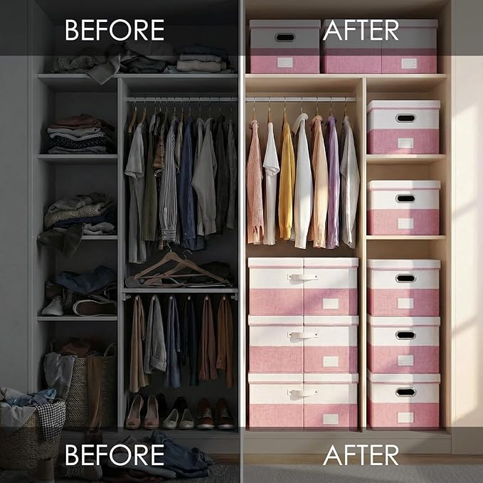 PRANDOM Storage Bins with Lids [3-Pack] Linen Fabric Foldable Storage Boxes Organizer Containers Baskets Cube with Cover for Bedroom Closet Office White&Pink (23.4X15.9X11.4)