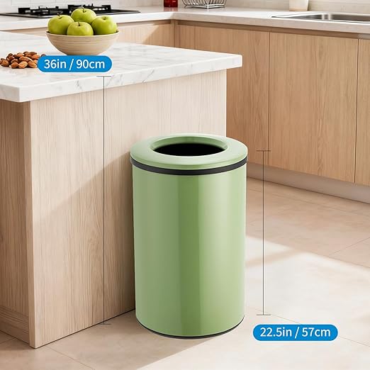 Takywep Stainless Steel Open Top Trash Can, 10.6 Gallon Cylindrical Touch-Free Direct Toss Bin with Soft-Close Lid, Anti-Fingerprint Easy-Clean for Kitchen Office Bathroom (Green)