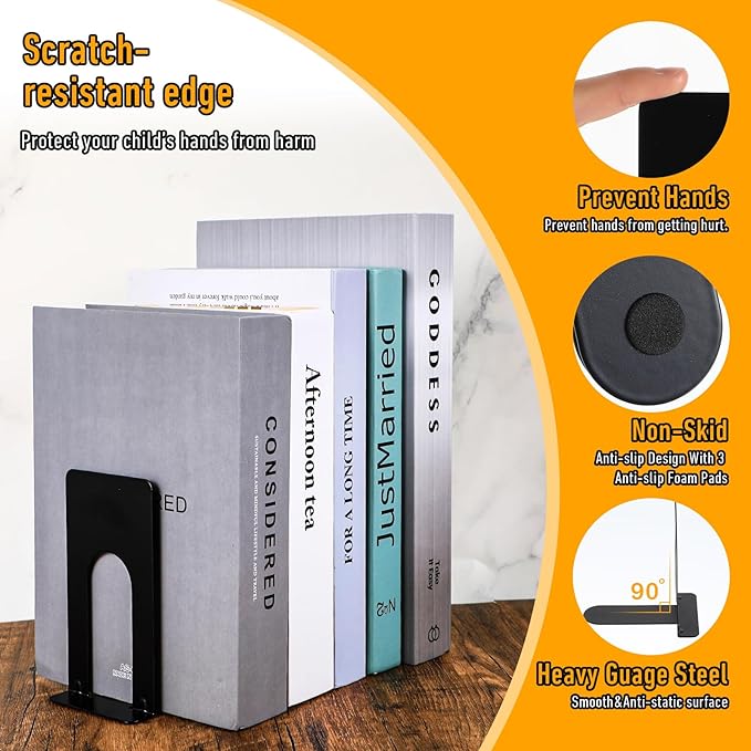 10 Pairs Metal Book Ends for Shelves, Heavy Duty Bookends for Office Home Kitchen Decorative, Nonskid Book Ends to Hold Heavy Books Black