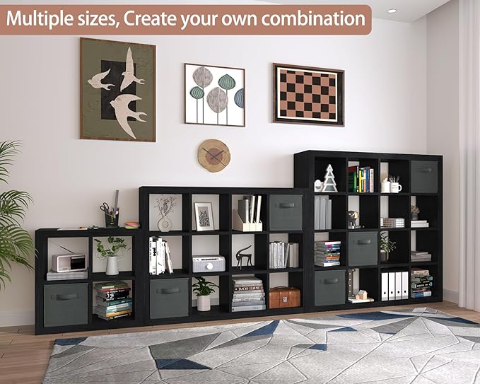 furtble Bookshelf with Storage Bin, 12-Cube Storage Organizer, Modern Wood Open Bookcase, Multifunctional Display Shelf for Living Room, Bedroom, Home Office, Black