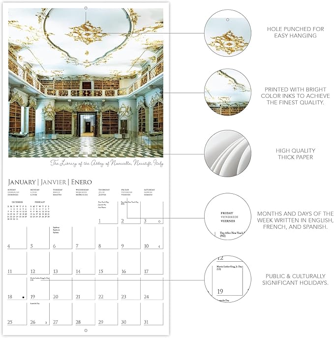 Graphique 2026 Libraries Wall Calendar | 12” x 12” | Thick Paper | Home & Office Organizer | Large Monthly Grid | 3 Languages & Marked Holidays | 4 Month Preview Page for 2027