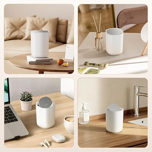Cesun Mini Desktop Trash Can with Swing Lid, 0.4 Gallon Small Desk Trash Can, Countertop Wastebasket, Modern Tiny Tabletop Bin for Home Office, Makeup Area, or Car Interior (White)