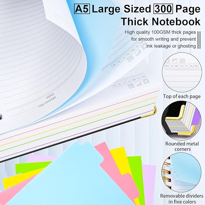 Hardcover Spiral Notebook 6.2"x 8.2" Journal Notebook with Tabs and Removable Dividers 300 Pages 5 Subject Notebook College Ruled, Faux Leather Spiral Bound Notebook for Women School Work (Black)