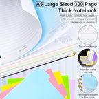 Hardcover Spiral Notebook 6.2"x 8.2" Journal Notebook with Tabs and Removable Dividers 300 Pages 5 Subject Notebook College Ruled, Faux Leather Spiral Bound Notebook for Women School Work (Black)