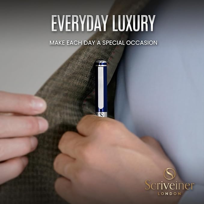 Scriveiner Personalized Midnight Blue Fountain Pen - Stunning Blue Lacquer Luxury Pen, Chrome Finish, German Schmidt Nib (Medium), Best Engraved Pen Gift Set for Men & Women, Name Engraving