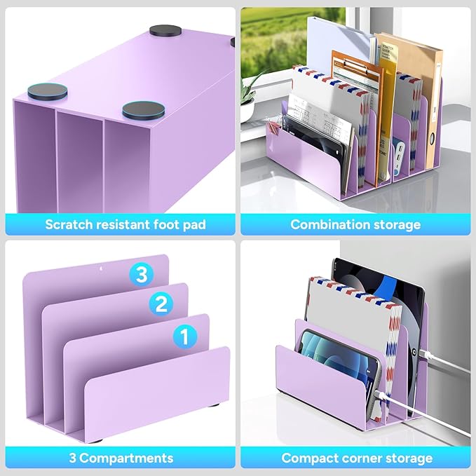 OUTIOE Mail Organizer Countertop, Small Desk File Organizer, Metal File Holder - Essential Workspace Organizers for Office Desk, Home Office (Purple)