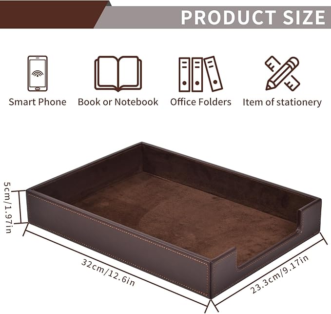 RHCSZ PU Leather Letter Tray - Load Documents Trays Front for Office Desktop Organizer - Desk Magazine, File, A4 Paper Holder - Paper Document File Holder Drak Brown (Drak Brown, A4-Tray)
