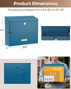 LAND·VOI Locking Wall-Mount Mailbox for Outside, with 4 Keys, Galvanized Steel Rustproof Metal Postbox, 4" Dx13.8 Wx11.2 H, Includes 3 Sets of Mailbox Numbers, Nameplate, Blue