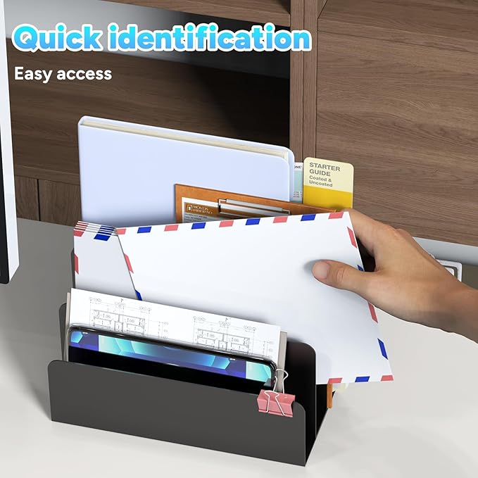 OUTIOE Mail Organizer Countertop, Small Desk File Organizer, Metal File Holder - Essential Workspace Organizers for Office Desk, Home Office (Black)